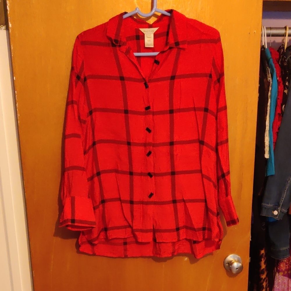 Multiples Red and Black Plaid Button-Down Shirt